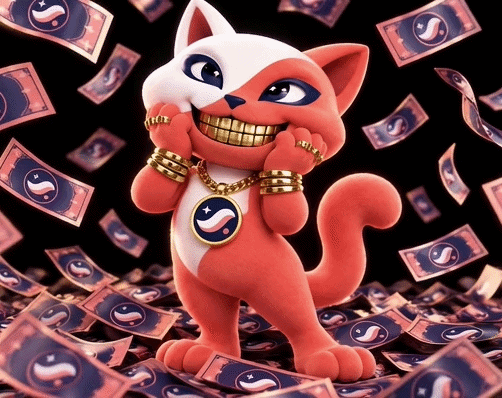 Quantum Cat with gold jewelry and flying meme banknotes